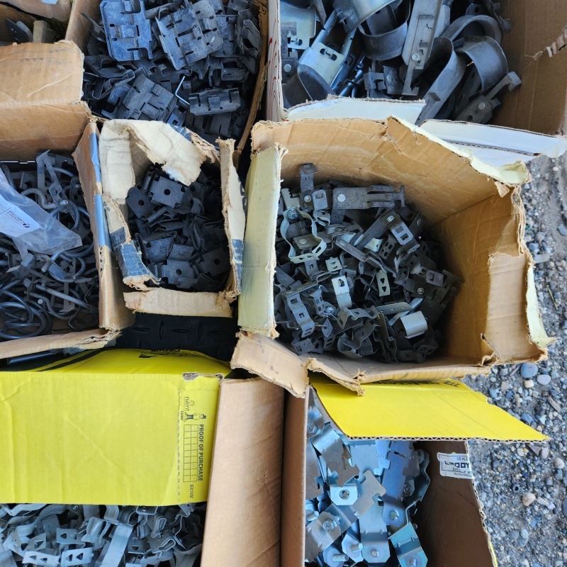 Pallet of Misc- diff. Hangers, Clips, Clamps and More     e169