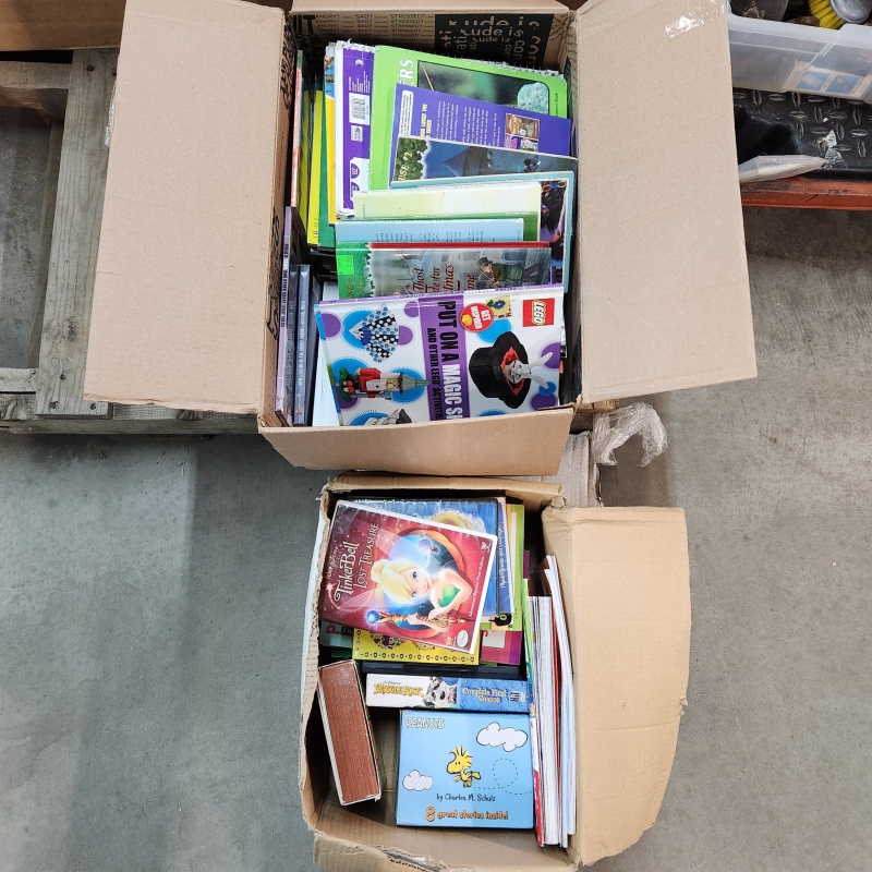 2 Boxes of Kids Books and Dvd Movies     10-8