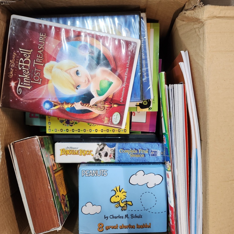 2 Boxes of Kids Books and Dvd Movies     10-8