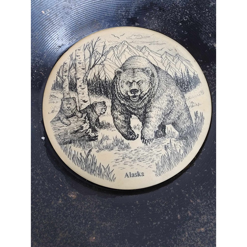 Cultured marble grizzlies in a metal gold pan. D-40