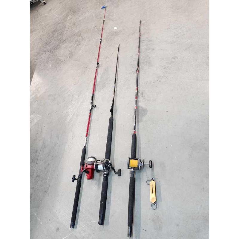 3 fishing poles and weight scale. D-82
